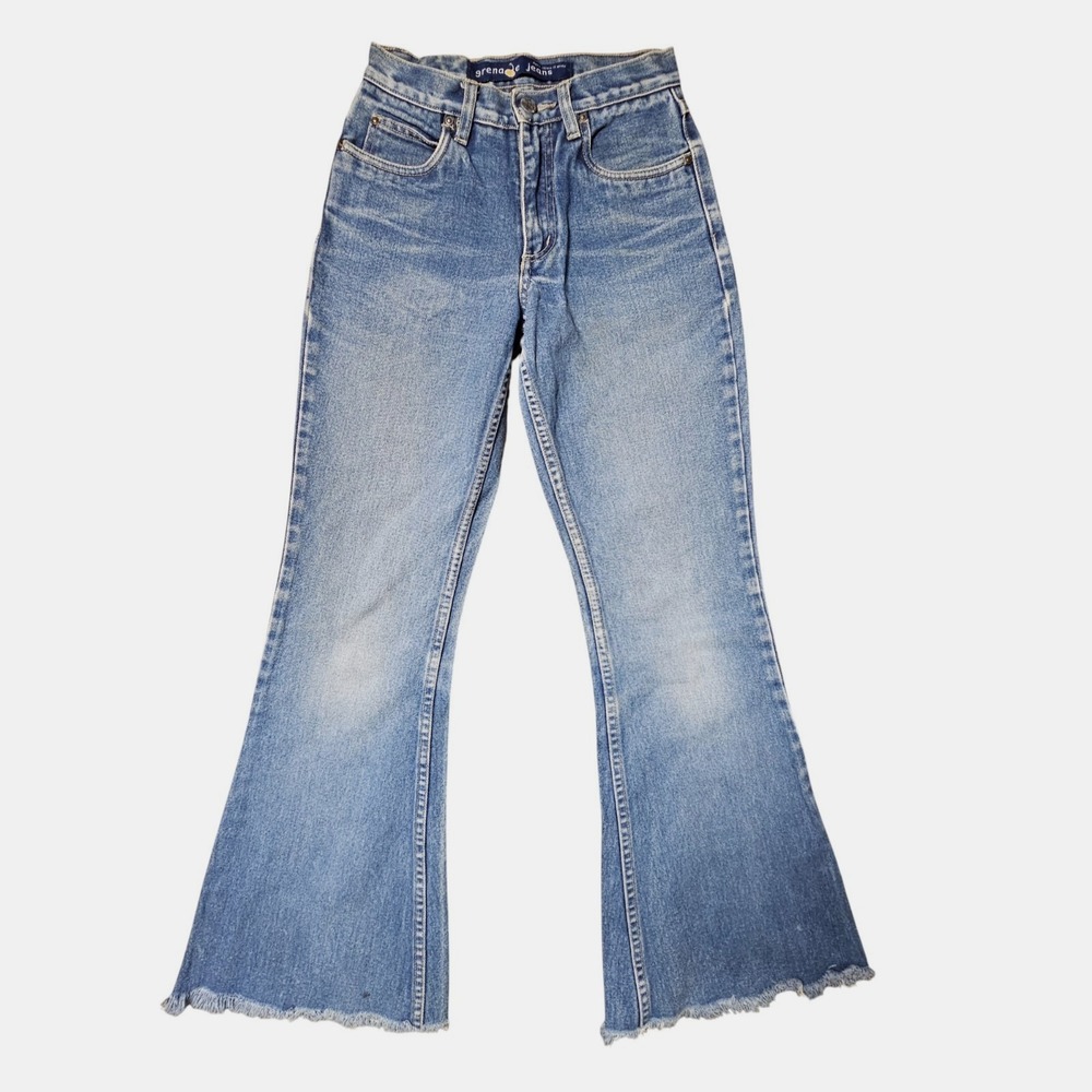 Grenade VTG Mid Rise Flared Jeans 3x31 Fringed Raw‎ Hem Medium Wash Boho Cotton